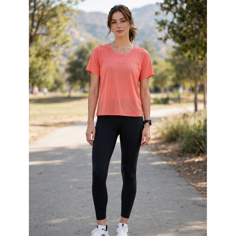 Athleta Womens Short Sleeve Activewear Top Coral Pink Textured Gym Shirt Medium